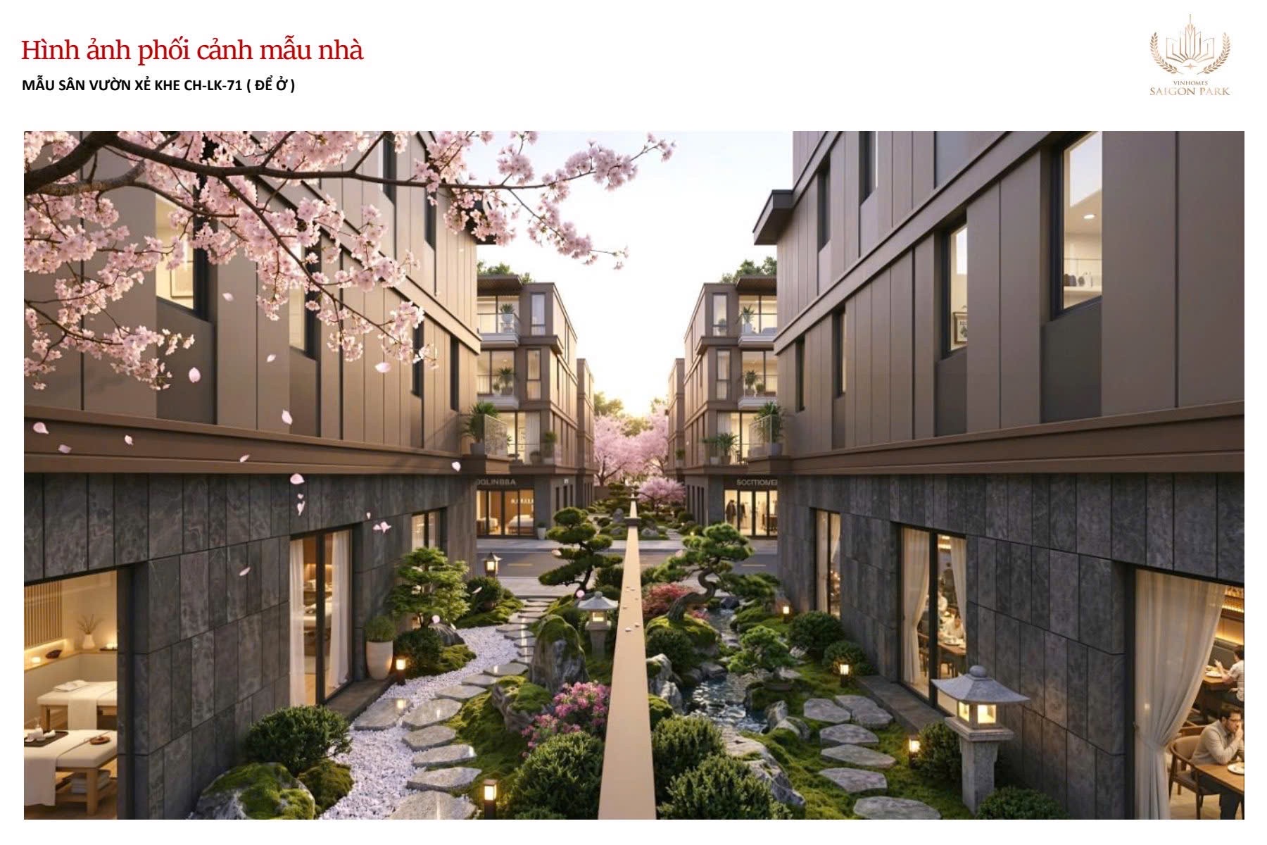 Phối cảnh biệt thự liền kề xẻ khe sân vườn mẫu CH-LK-71 phong cách Nhật Bản Zen Park