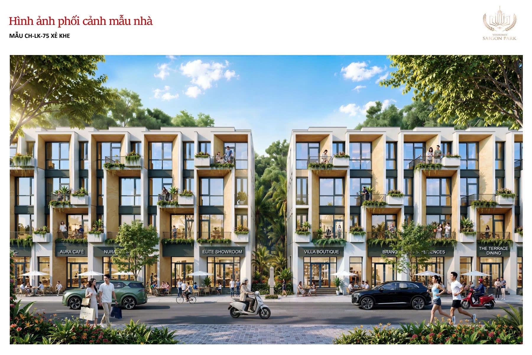 Mẫu shophouse kiến trúc hiện đại xẻ khe CH-LK-75 kinh doanh sầm uất tại Vinhomes Saigon Park